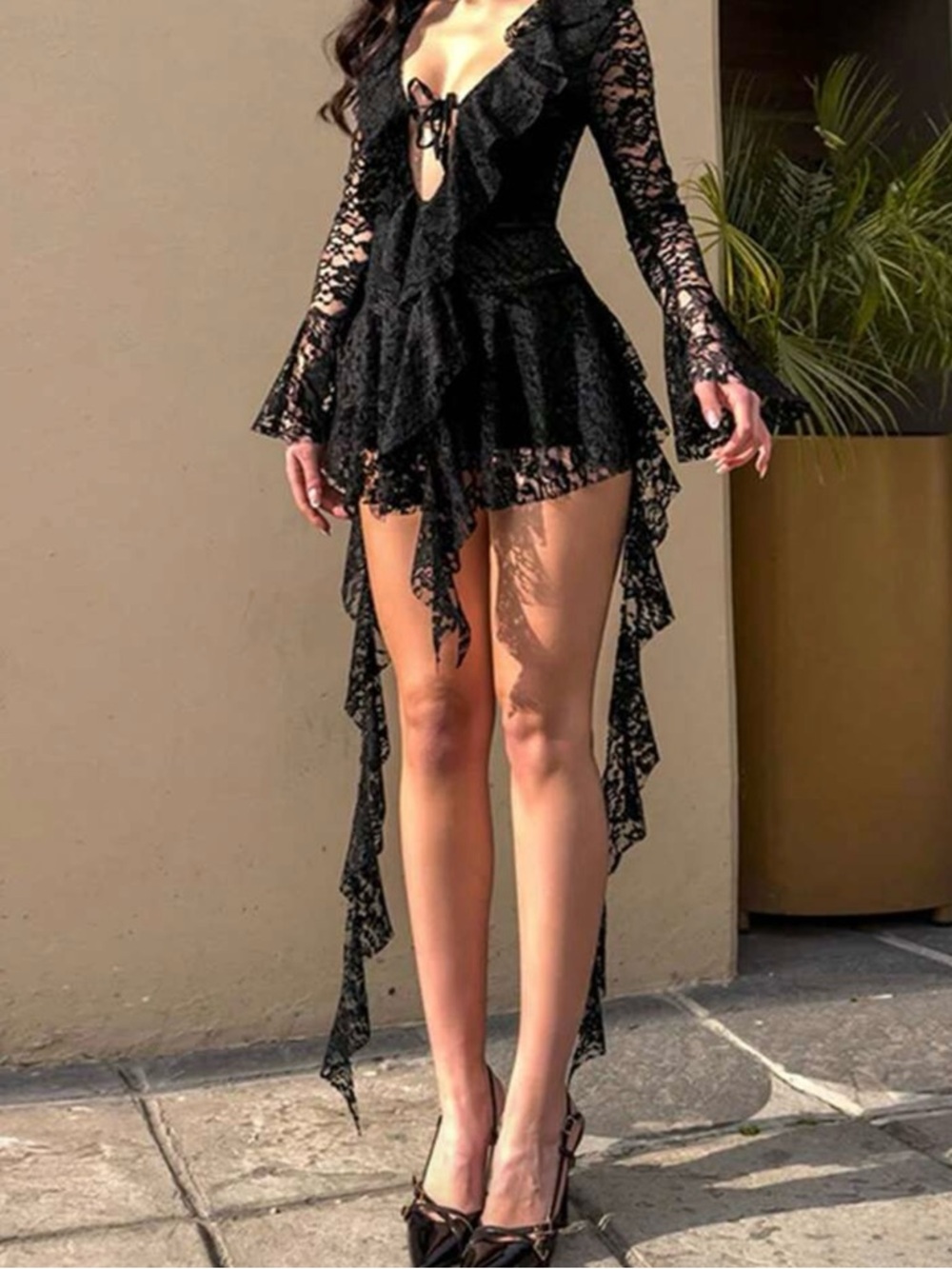 Black Lace High-Low Ruffle Dress with Deep V